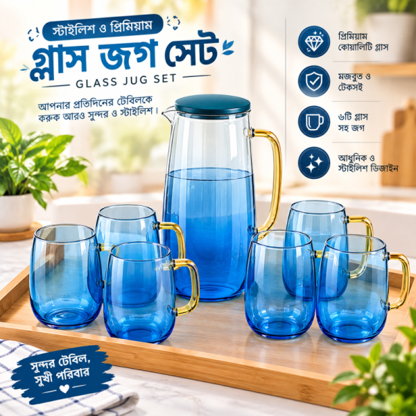 7 pcs water set 1 jug 6 glass luxury design (Blue)